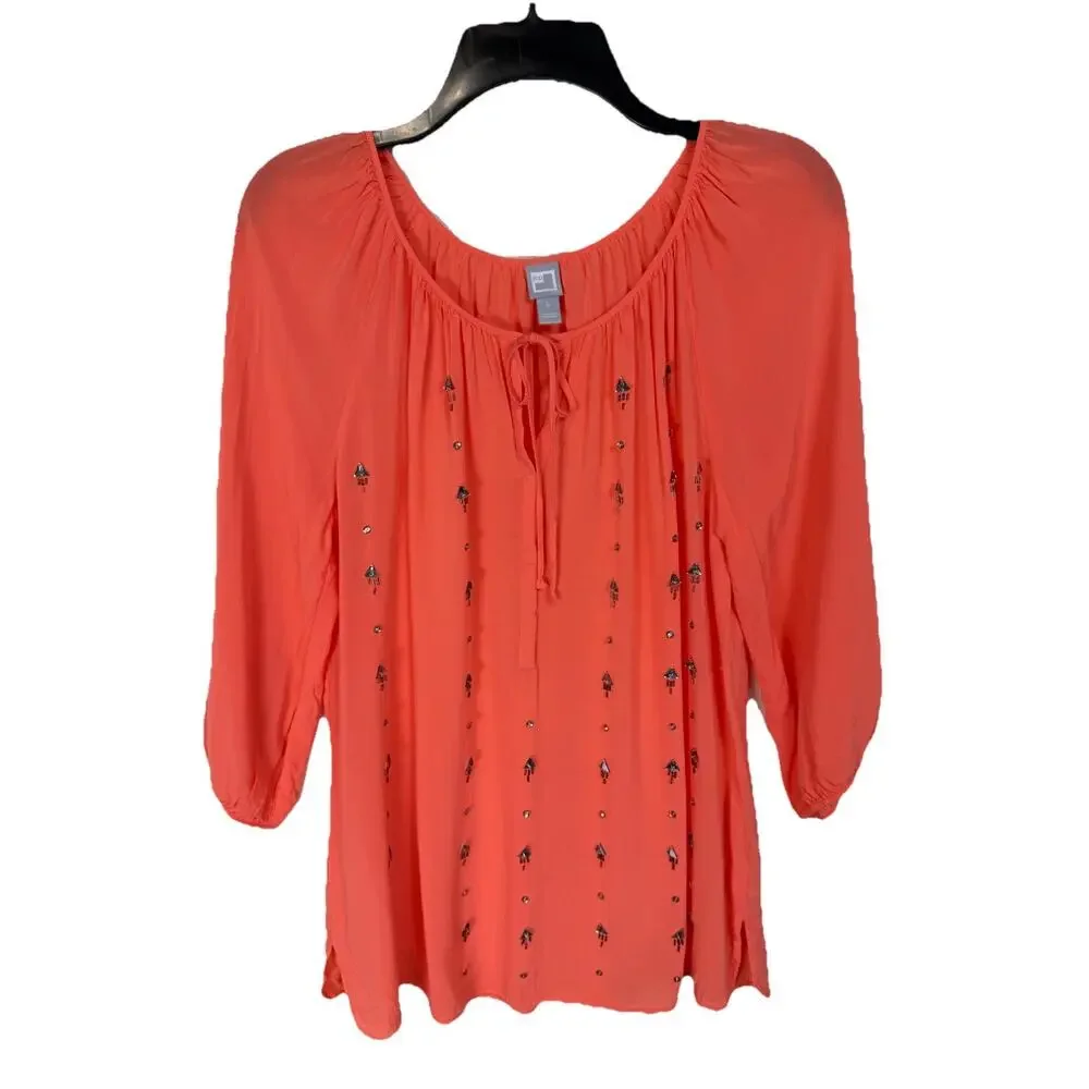 JCP Women’s Top Tunic L Coral Rhinestones 3/4 Sleeves Lightweight Flowy Beach - Picture 8 of 13